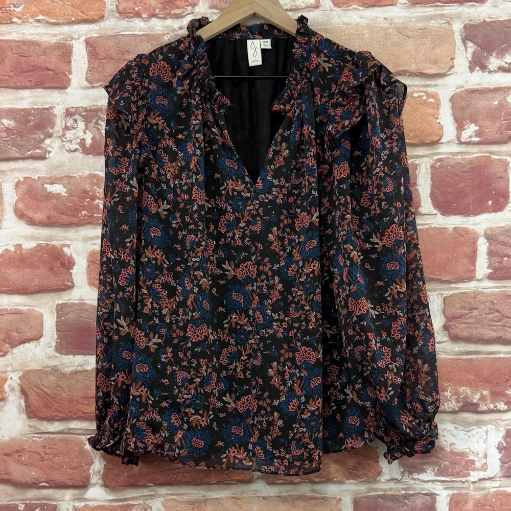 Joie Top Womens M Black Multicolor Chic Boho Floral Chiffon Peasant Sleeve Shirt